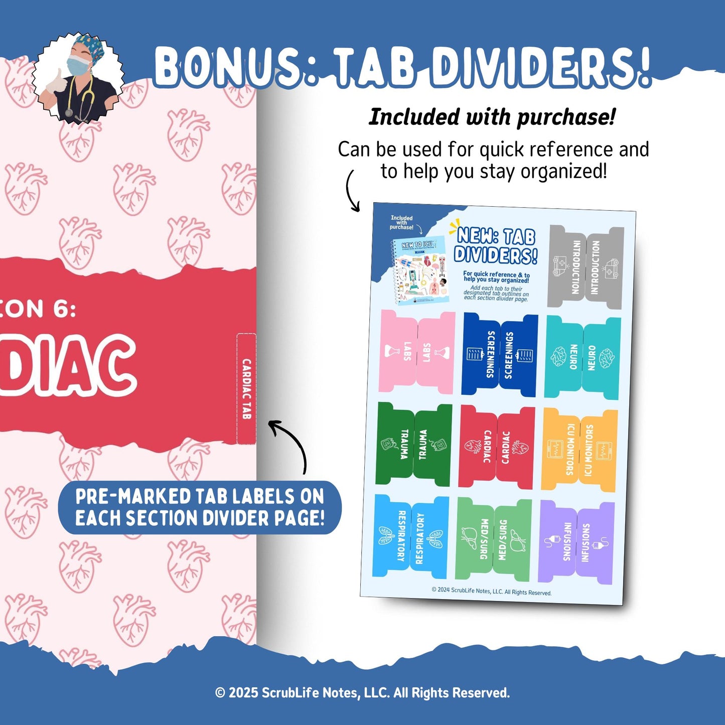 Bonus: Tab dividers included with each New to ICU 2.0 purchase! Designed for quick reference and organization. Each New to ICU 2.0 packet includes pre-marked tab labels on each section divider page (right-hand side) to help nurses stay organized.