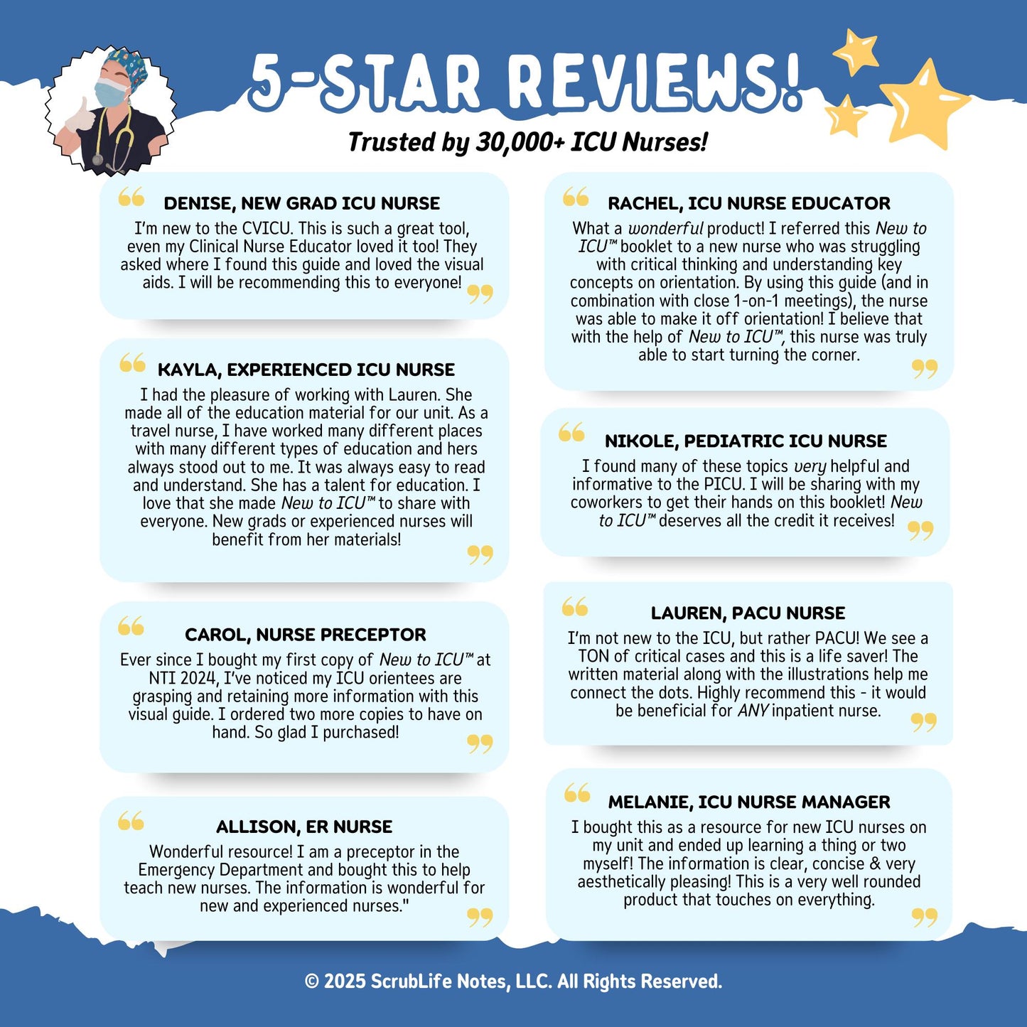 5-star reviews for New to ICU 2.0, trusted by 30,000+ ICU nurses. Features testimonials from new grads, experienced nurses, and preceptors praising the visuals, clarity, and utility for ICU nursing. Perfect for orientation and professional growth.