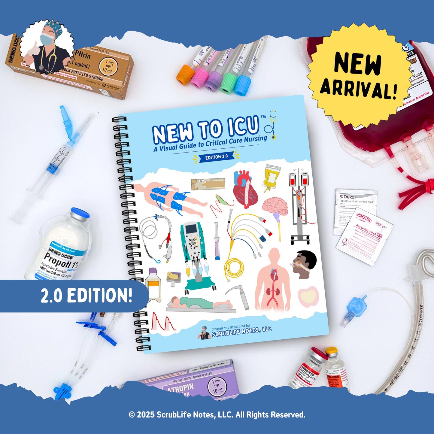 New to ICU 2.0: A Visual Guide to Critical Care Nursing, with illustrations of complex ICU equipment and anatomy. Includes ICU equipment and supplies, including blood transfusions, ACLS medications and infusions, invasive lines and ventilator tubes.